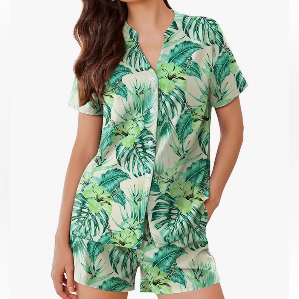 🆕Elesol Boutique Tropical Palm Print Pajama Set, Size Large